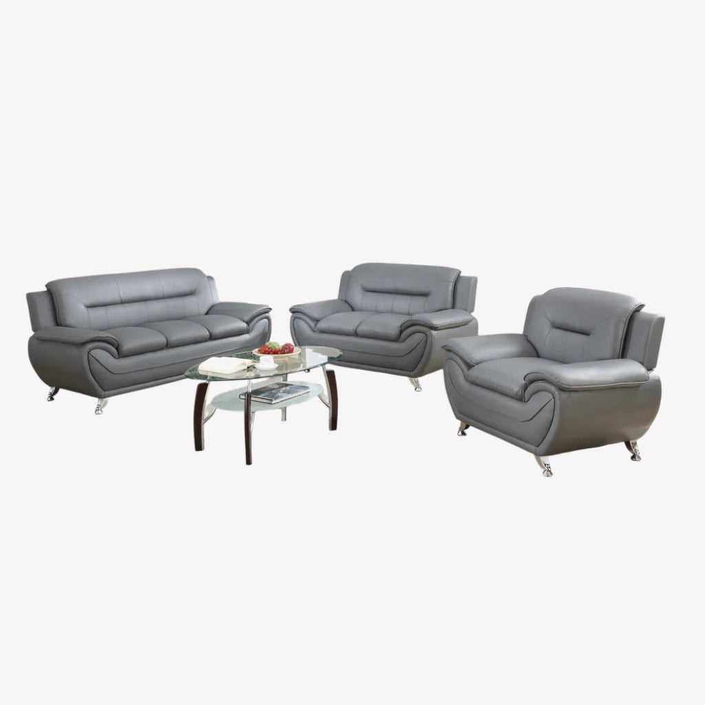 Gilan 3-Piece Sofa Set In Faux Leather Upholstery - Grey