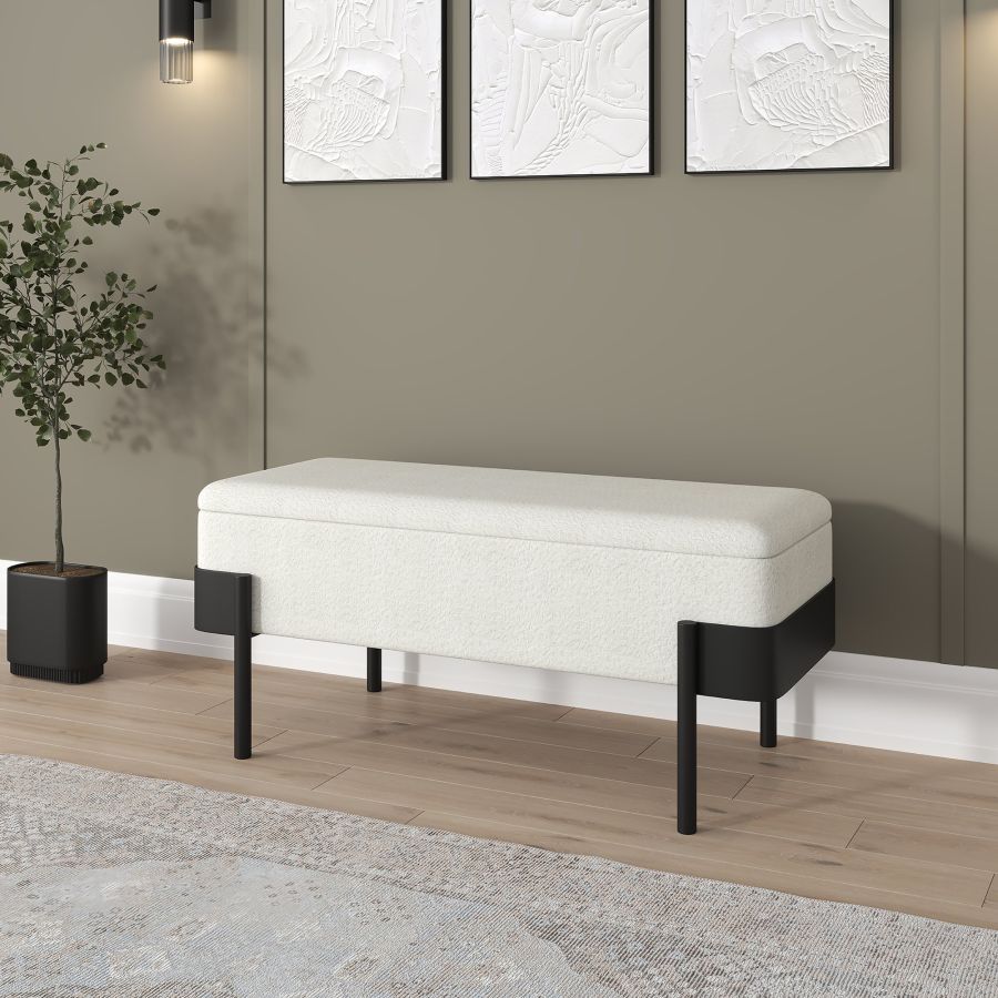 Gatheris Boucle Storage Bench with Metal Frame - Ivory/Black