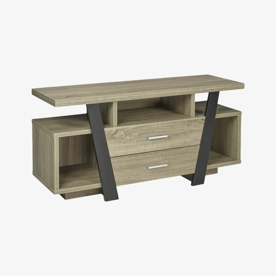 Contemporary Dark Taupe and Black TV Stand with Storage Drawers and Open Shelves