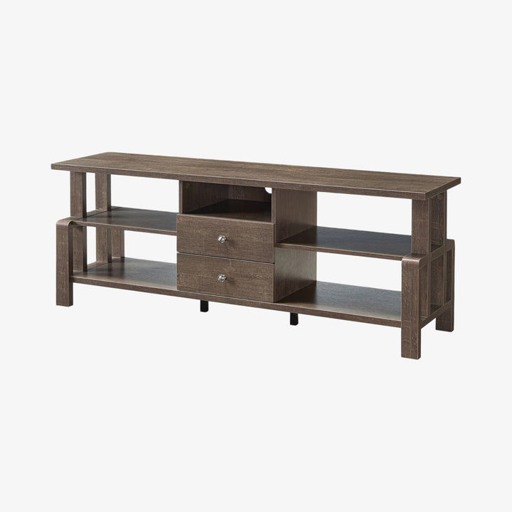 Refined Walnut Oak 60-Inch TV Stand with Storage Drawers and Open Shelves