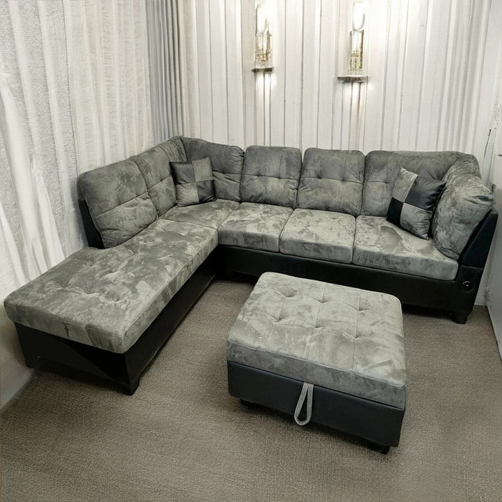 Eva Sectional Sofa Set With LHF Chaise & Storage Ottoman - Grey