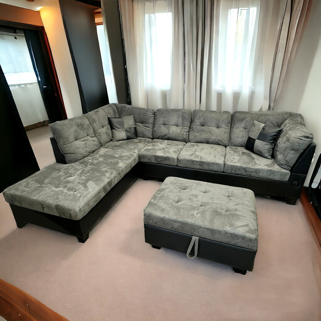 Eva Sectional Sofa Set With LHF Chaise & Storage Ottoman - Grey/ Chocolate