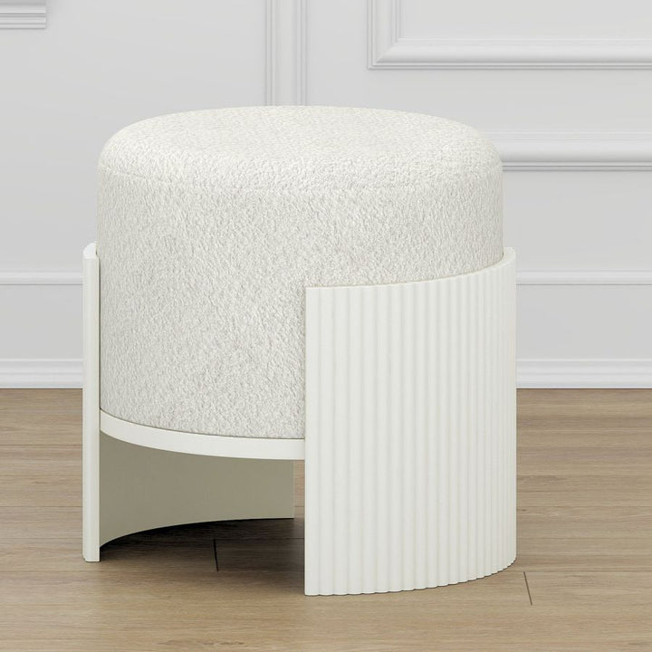 Cozetta Boucle Round Ottoman with Reeded Wood Frame - Ivory/White