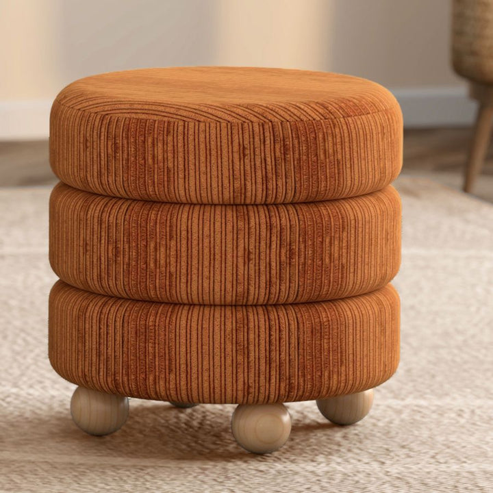 Retrova Round Ottoman with Plush Upholstery & Wood Feet - Rust Brown