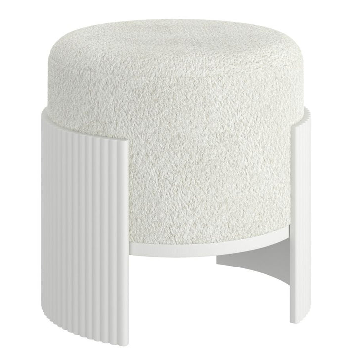 Cozetta Boucle Round Ottoman with Reeded Wood Frame - Ivory/White