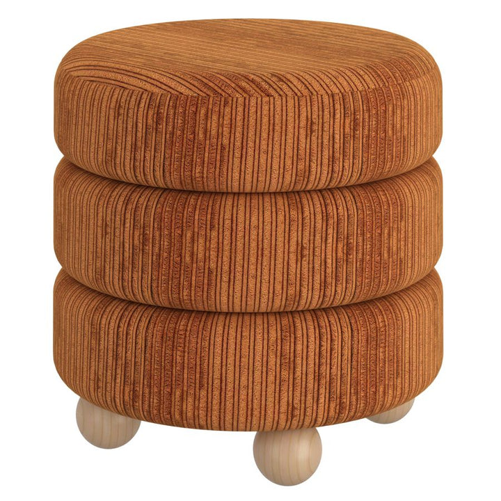 Retrova Round Ottoman with Plush Upholstery & Wood Feet - Rust Brown