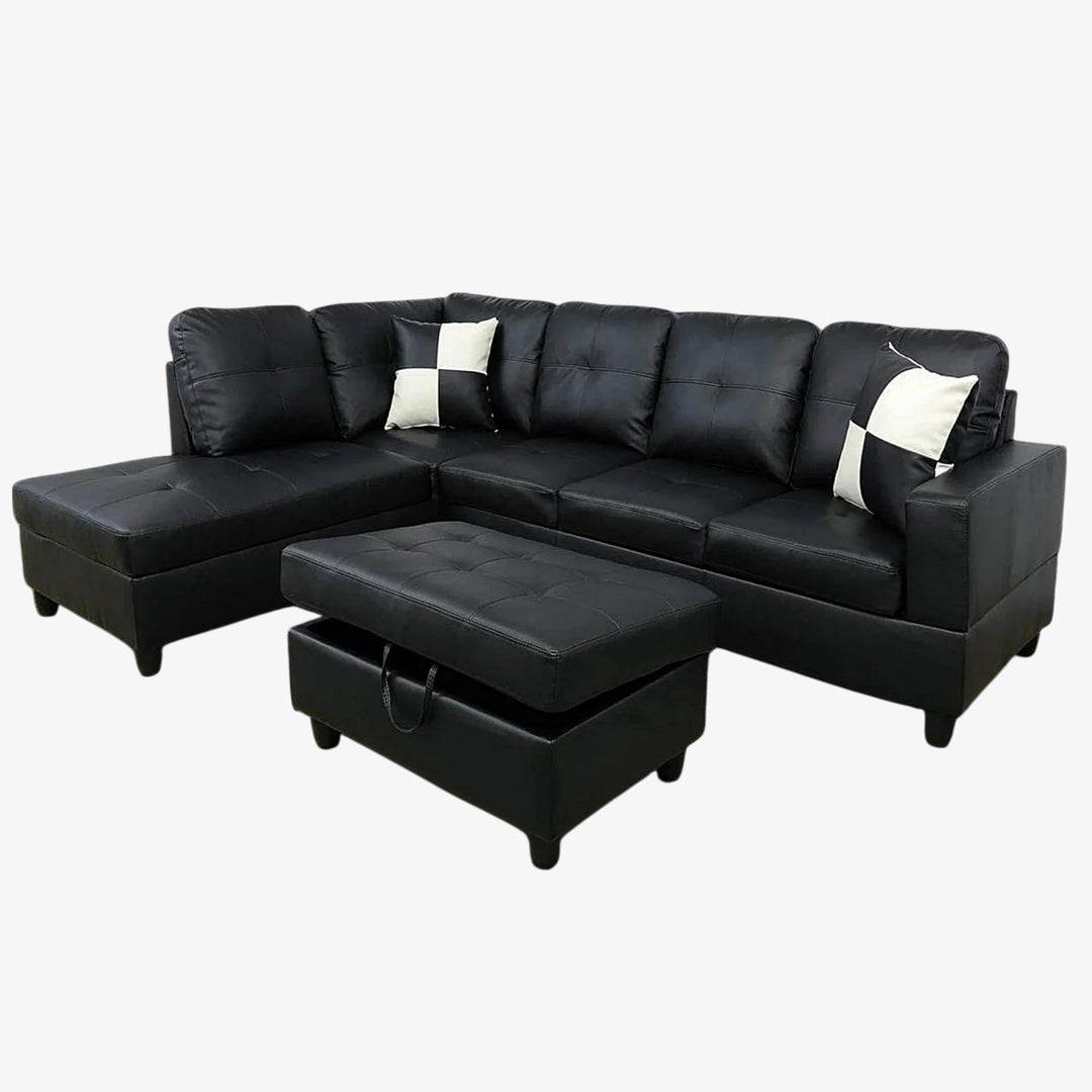 Bela Sectional Sofa With LHF Storage Chaise & Ottoman - Black