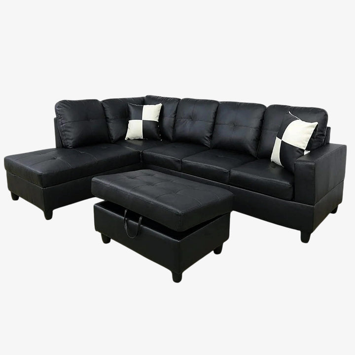 Bela Sectional Sofa With Storage Chaise & Ottoman - Black