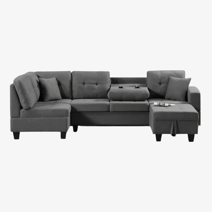 Haven Sectional Sofa With Storage Ottoman, Pull-Out Tray & Cup Holder - Grey