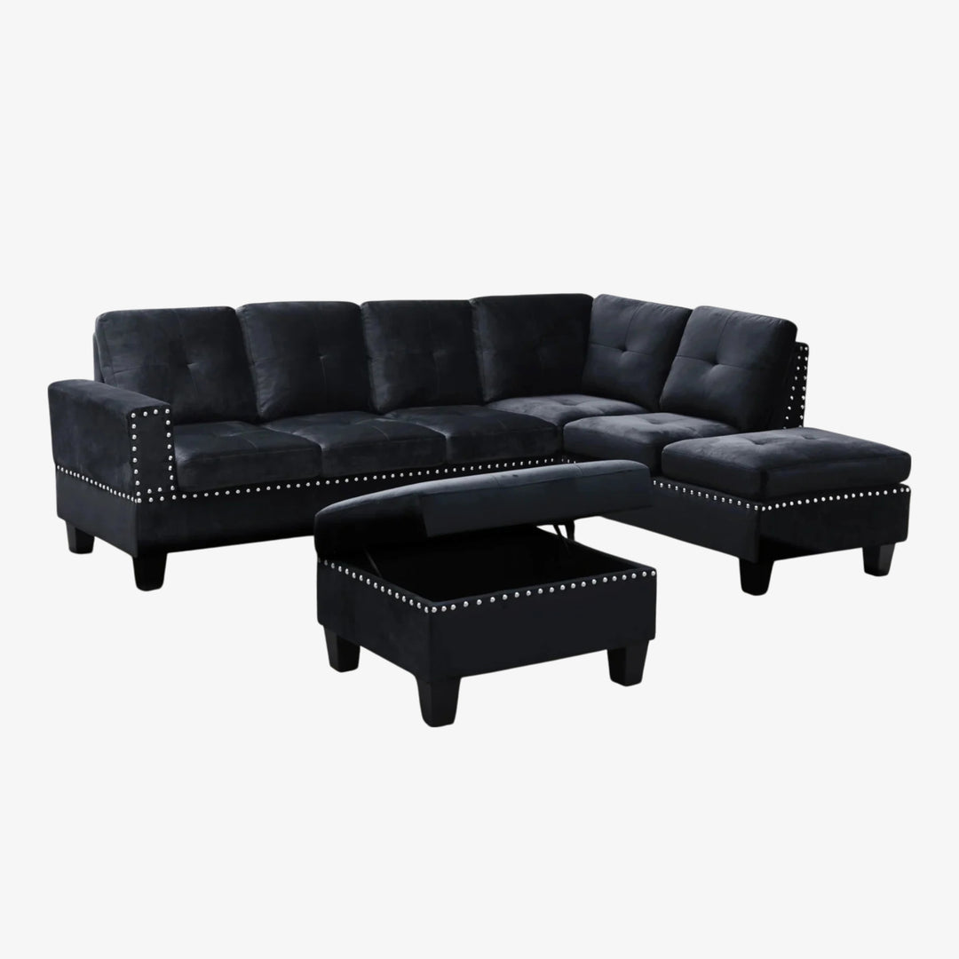 Vincent 3-Piece Reversible Sectional Sofa With Storage Ottoman - Black