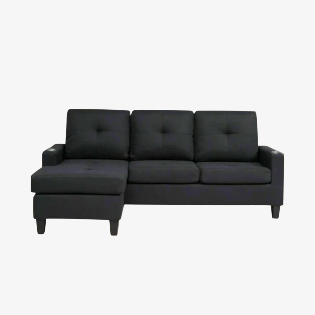 Reeves Sectional Sofa With Built-in Cup Holders & Reversible Chaise - Black